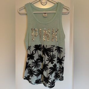 PINK Victoria's Secret Aqua and Black Palm Tree Sequin Tank Top